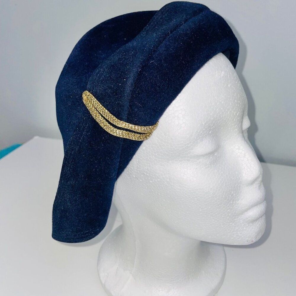 Vintage Richard Original Casque Hat Navy Blue Gold Velour